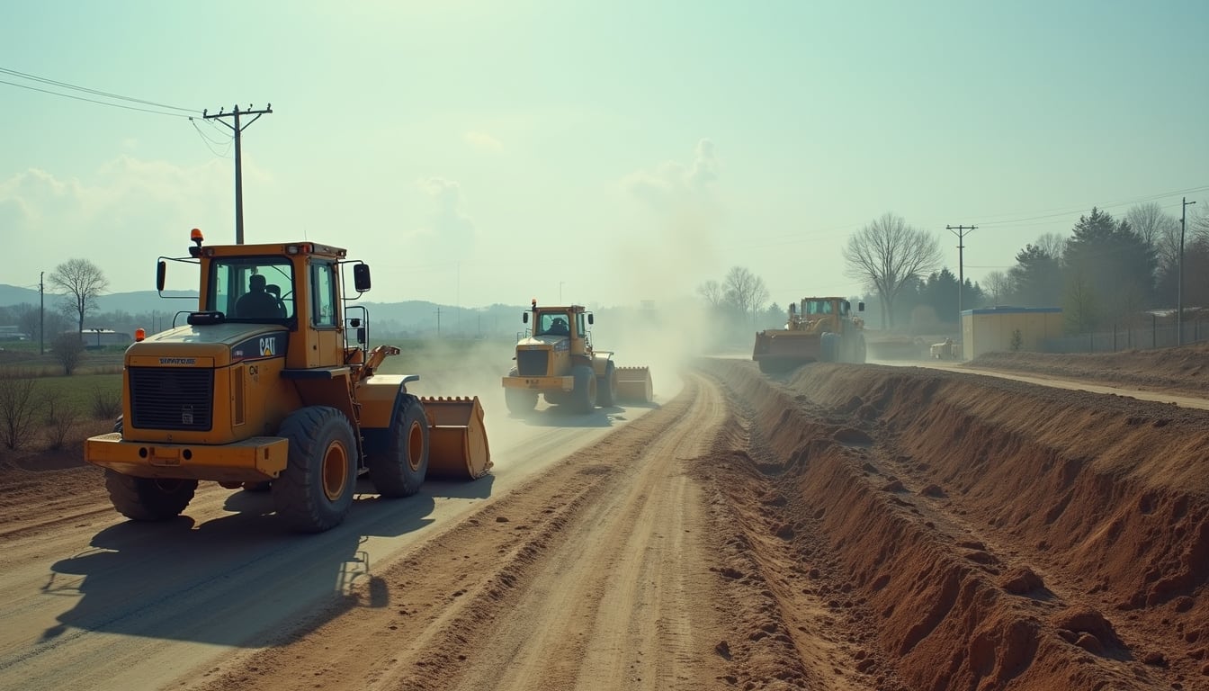 Wheel loaders working a dirt road beside a graded embankment